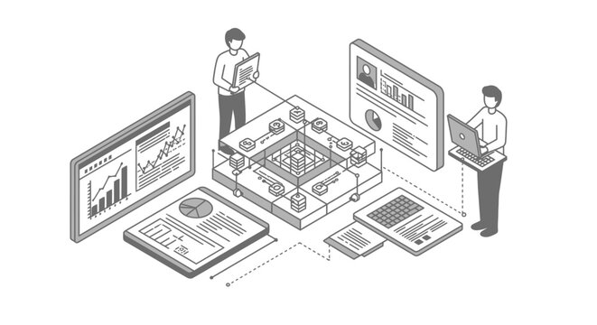 Isometric illustrations of data analysis and information processing