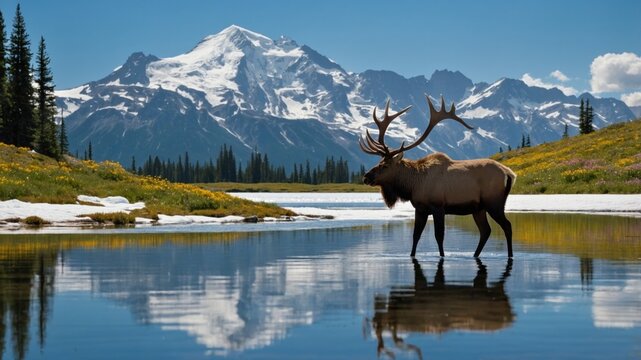 Majestic elk standing in tranquil waters with snow-capped mountains and lush greenery in the background