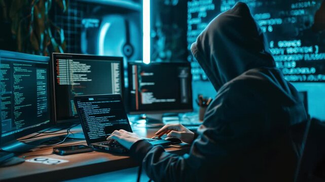 Anonymous hooded hacker writing code at night