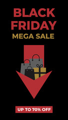Black Friday Mega Sale graphic with shopping bags and gift box offering discounts for retail promotions