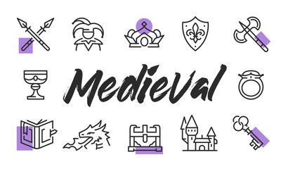 Fototapeta premium Medieval poster. Medieval banner design with historical icons. Sword, Crown, Shield, Castle, Dragon icons. Simple poster for presentations, covers. Banner template. Vector illustration.