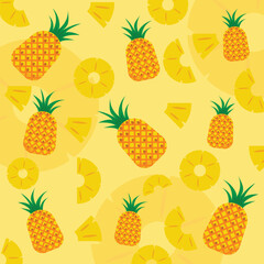 Seamless pineapple pattern with bright yellow background. Tropical fruit slices and whole pineapples create a cheerful summer vibe, perfect for packaging, textile prints, wallpapers, and tropical-them