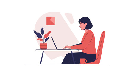 Woman working on laptop at modern home office desk Remote work digital communication illustration