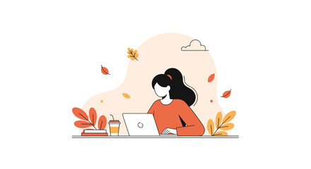 Woman working remotely on laptop surrounded by autumn leaves and books