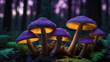 Enchanted forest scene featuring glowing purple mushrooms illuminating the surrounding greenery