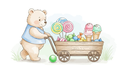 Ein niedlicher B&auml;r mit einem Wagen voller S&uuml;&szlig;igkeiten.