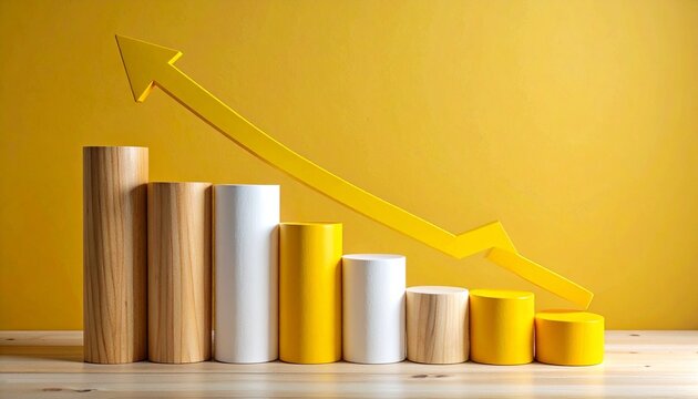 Descending cylinder bar graph with yellow arrow on solid yellow background.