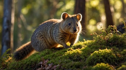 A cute marsupial exploring a mossy forest floor during golden hour, surrounded by soft sunlight and trees