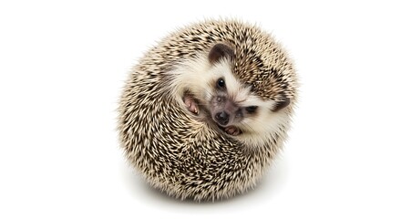 Cute hedgehog curled up, isolated on white background, realistic fur texture.
