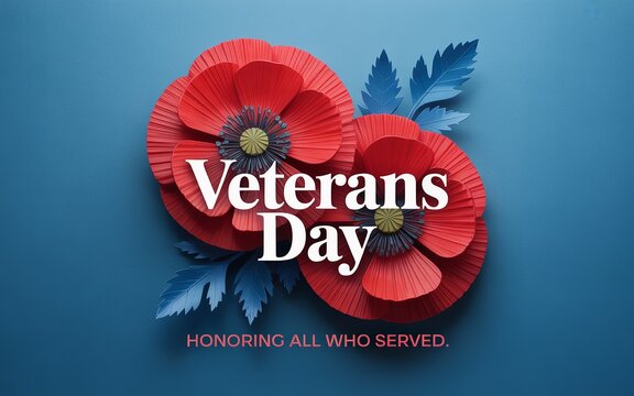 Veterans Day Poppies with Typography on Blue Background