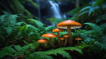 Vibrant orange mushrooms growing amidst lush green ferns near a serene waterfall in a forest