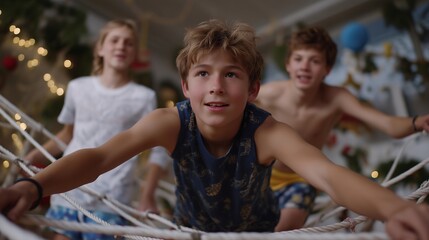 Kids constructing a holiday-themed obstacle course indoors or in the backyard with festive challenges, emotion of excitement and teamwork visible, representing playful winter exercise and creative