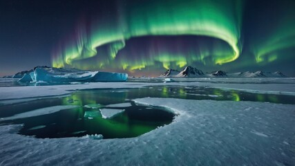 Majestic Aurora Borealis Illuminating Arctic Landscape with Icebergs and Reflections at Night