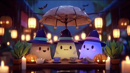 Three cartoon ghosts in witch hats sit at a table, enjoying tea under an umbrella, with Halloween decor