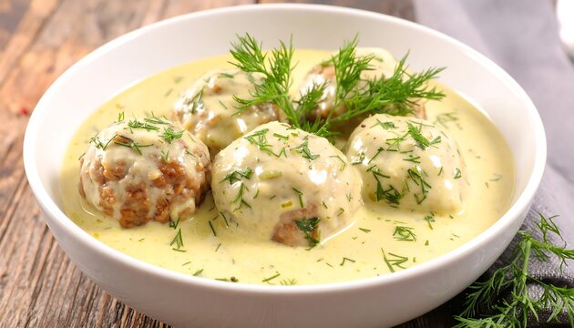 Creamy meatballs in a light yellow sauce, topped with fresh dill