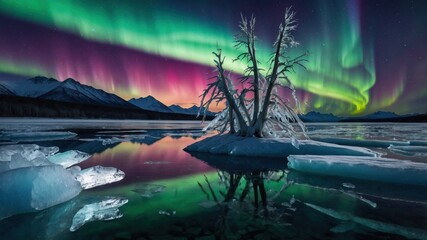 Stunning Aurora Borealis illuminates icy landscape with silhouetted trees and reflective water at dusk