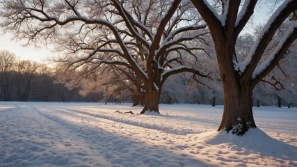 Serene winter landscape featuring snow-covered trees casting long shadows at sunset in a tranquil park
