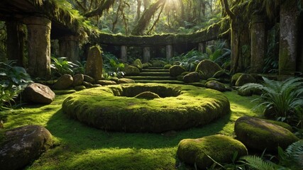 Enchanted moss-covered ruins in a lush forest, sunlight filtering through trees, serene atmosphere