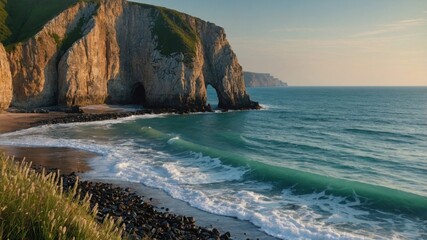 Serene coastal landscape featuring cliffs by the ocean during sunset with gentle waves lapping the shore