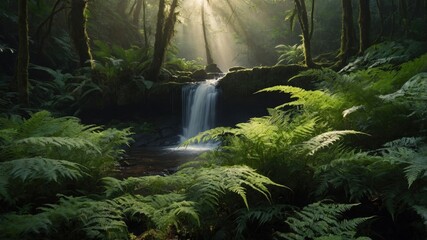 Serene waterfall cascading through lush ferns in a tranquil forest, with sun rays filtering through trees