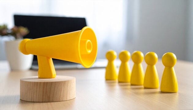 Yellow game pieces facing megaphone, symbolizing leadership and communication.