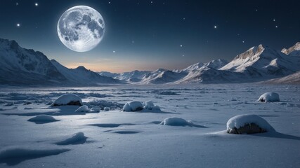 Serene winter landscape under a bright full moon illuminating snow-covered mountains and rocks
