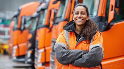 A woman in bright safety gear smiles while standing in front of vibrant orange trucks parked in a yard.