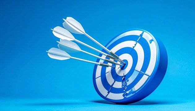 Blue target with darts, one in bullseye, symbolizing precision and challenge.