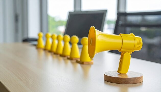 Yellow game pieces facing megaphone, symbolizing leadership and communication.
