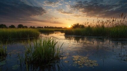 Serene sunset over a tranquil wetland with lush grasses and lily pads reflecting golden hues