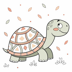 Illustration of a cute turtle with a patterned shell surrounded by falling leaves and small plants