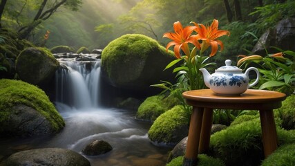 Tranquil tea setup by a serene waterfall in a lush forest, featuring vibrant flowers and mossy rocks