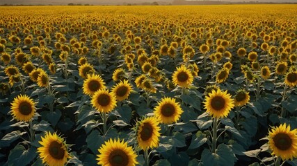 Vibrant sunflower field under a golden sunset, showcasing nature's beauty and tranquility