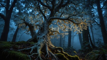 Enchanted tree illuminated by soft light in a misty forest, showcasing intricate roots and branches