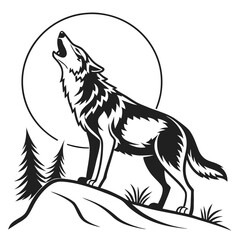 A black and white illustration of a howling wolf standing on a hill with trees and a full moon behind it