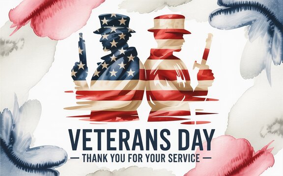 Veterans Day Watercolor Background with Soldier Silhouettes