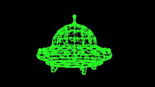 UFO vehicle unidentified flying saucer alien ship. Wireframe low poly mesh. Available in FullHD and 4K video