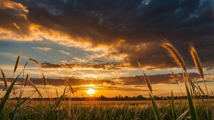 Majestic sunset over a serene field with tall grass, showcasing vibrant colors and dramatic clouds