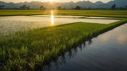 Serene sunset over lush green rice fields reflecting golden light with distant mountains in view