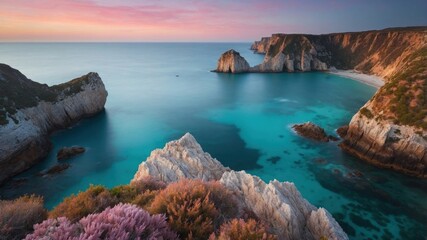 Serene coastal landscape at sunset with cliffs, vibrant flowers in foreground, and calm waters