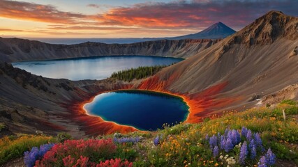 Breathtaking view of a volcanic crater lake surrounded by vibrant wildflowers at sunset