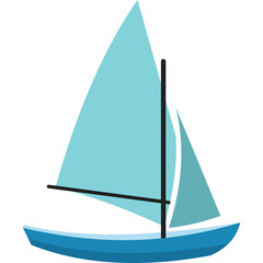 A simple blue sailboat with light blue sails and a black mast on a transparent background, vector illustration