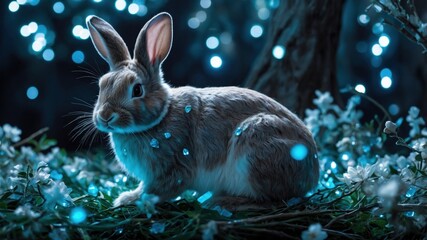 Enchanted rabbit sitting amidst glowing flowers in a mystical forest at twilight