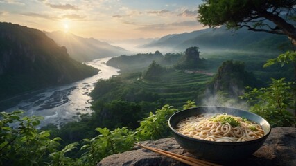 Steaming bowl of noodles on a rock ledge overlooking a serene river valley at sunrise