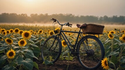 Vintage bicycle parked in a vibrant sunflower field at sunrise, creating a serene rural atmosphere