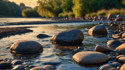 Tranquil river scene at sunset with smooth stones lining the water's edge and lush greenery nearby