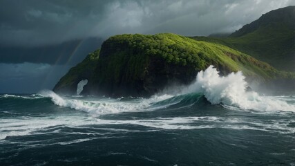 Dramatic seascape with crashing waves against a lush green cliff under a cloudy sky and rainbow