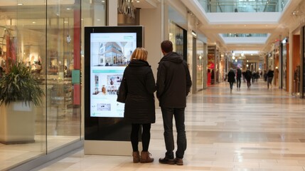 A couple stands closely together looking at a digital directory inside a spacious mall.