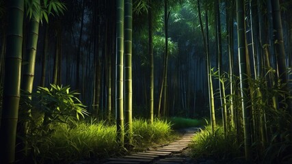 Serene bamboo forest pathway illuminated by soft light, leading into a tranquil green wilderness
