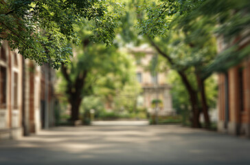 Fototapeta premium City street with green trees and blurred background in summer daylight